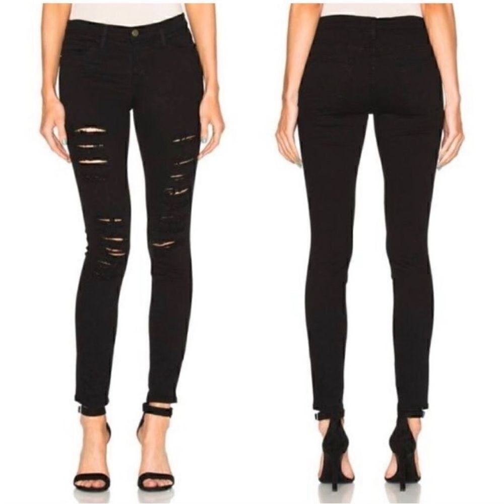 FRAME NWT Le Skinny de Jeanne Ripped Jeans Film Noir Size 24